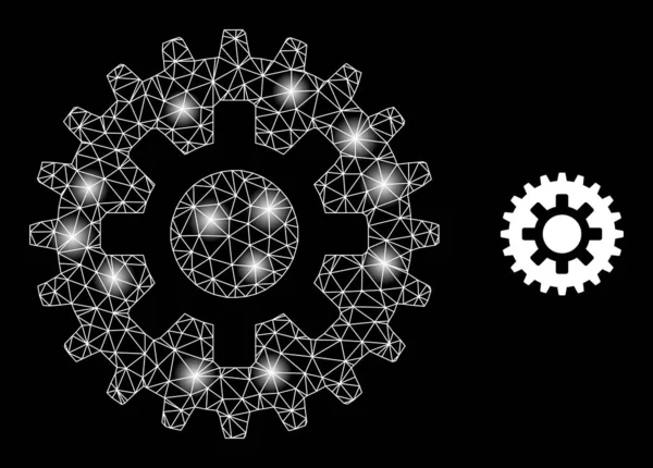 Bright Web Mesh Cogwheel Icon with Sparkles — 图库矢量图片