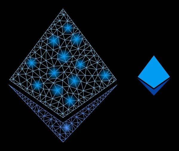 Bright Web Mesh Ethereum Crystal Icon with Glare Spots — стоковий вектор
