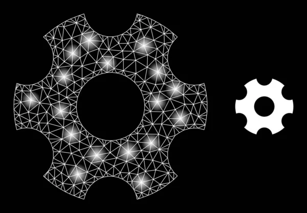 Bright Web Net Gearwheel Icon with Light Spots — Stock Vector