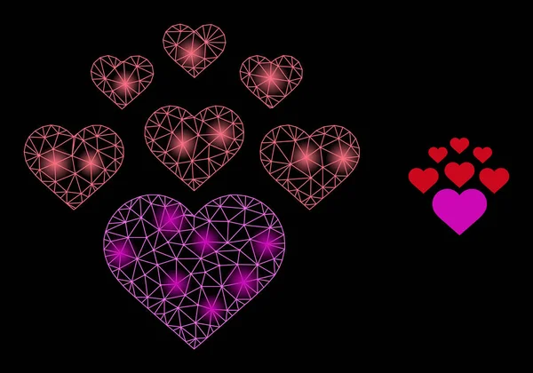 Bright Web Mesh Lovely Hearts icône avec des taches de lumière — Image vectorielle