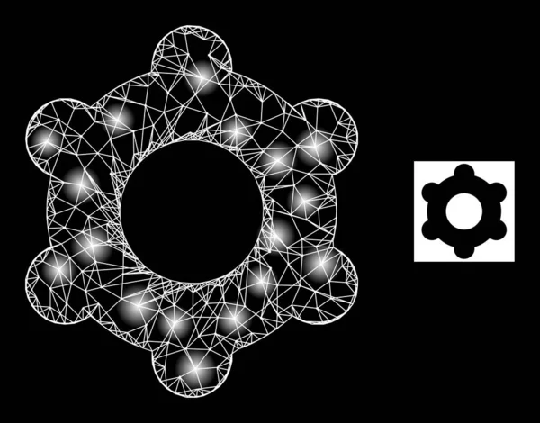 Bright Hatched Cogwheel Mesh Icon with Glare Dots — Vettoriale Stock