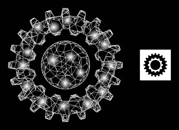 Ícone de malha Cogwheel Net brilhante com pontos de luz — Vetor de Stock