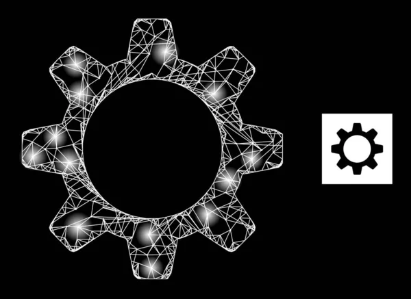 Bright Hatched Cogwheel Mesh Icon with Sparkles — 图库矢量图片