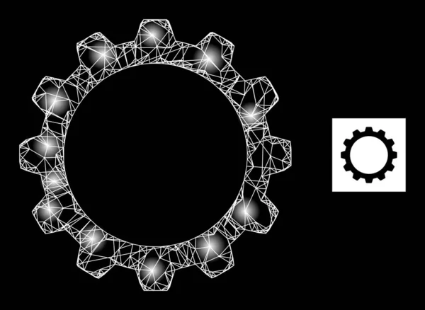 Helder netwerk Cogwheel Mesh Icon met Glare Dots — Stockvector