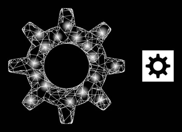 Bright Network Cogwheel Mesh Icon with Glare Spots — Stockvektor