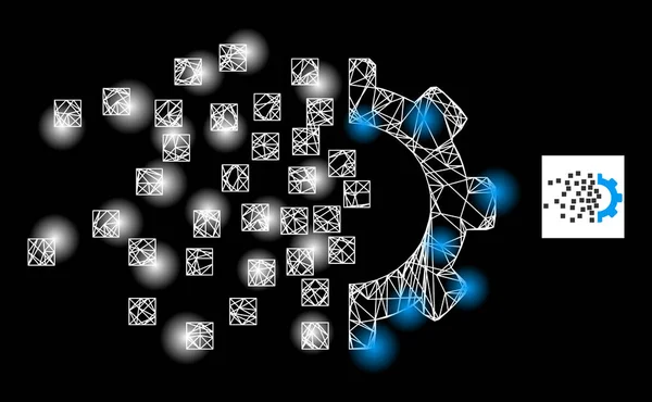 Bright Network Gear Assembling Mesh Icon with Glare Dots — Stock Vector