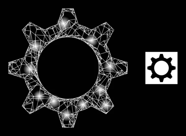Bright Hatched Gearwheel Mesh Icon with Sparkles — Stockvektor