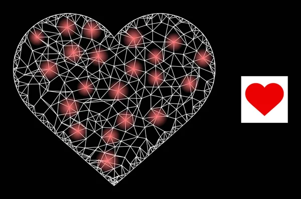 Bright Net Love Heart Mesh Icon with Glare Dots — Stock Vector