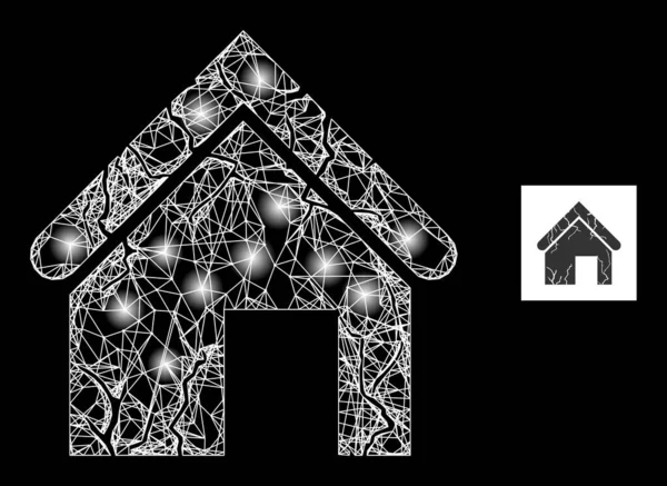 Bright Hatched Old Decayed House Mesh Icon with Glare Dots — 图库矢量图片