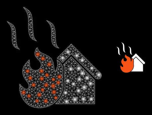 Ikona ognia House - siatka triangulowana z kropkami oślepiającymi — Wektor stockowy