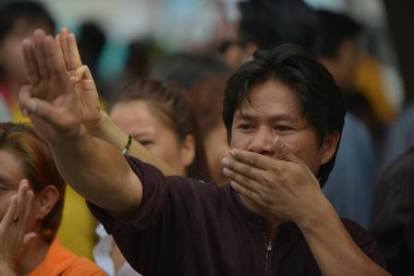 Bangkok, Tayland - 29 Mayıs 2014: Bir adam mitingde üç kişiyi selamlıyor. Açlık Oyunları 'ndan kabul edilen selam, askeri darbenin ardından otoriter olmayan bir tutumu temsil ediyor..