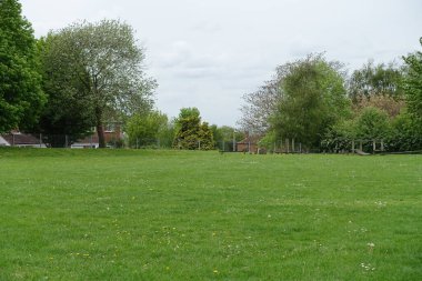 Yeşil, taze biçilmiş çimleri, renkli çiçekli yatakları ve yapraklı ağaçlarıyla güzel bir İngiliz Tarzı Peyzaj Bahçesi Manzarası