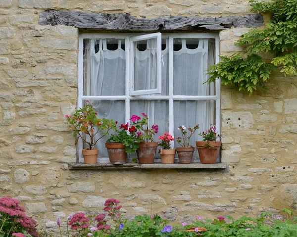 Uitzicht Bloemen Potten Een Traditioneel Huisje Venster — Stockfoto