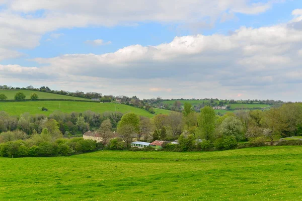 Scenic Landscape View Lush Green Farmland Fields Old Village Blue — Stock Photo, Image