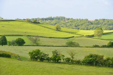 Yeşil Çiftlik Tarlaları, Rolling Hills ve Blue Sky 'ın Güzel Kırsal Manzara Manzarası Kırsal Wiltshire İngiltere' de Güneşli bir Yaz Gününde