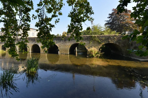 Yapraklı ağaçlarla çerçevelenmiş bir nehrin üzerindeki köprünün manzarası. İngiltere 'nin Wiltshire kentindeki Bradford şehrinin tarihi yük beygiri köprüsü.