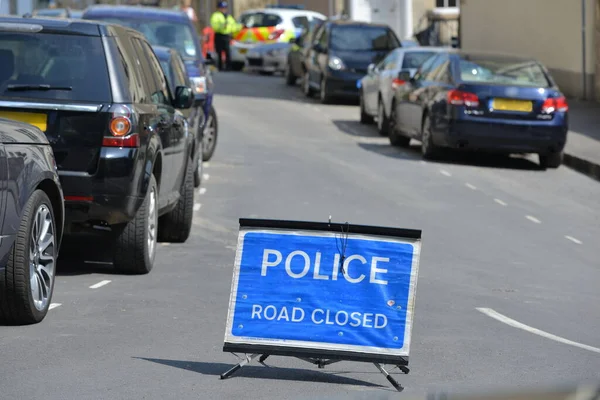 Blick Auf Ein Geschlossenes Straßenschild Der Polizei Einer Straßensperre Der — Stockfoto