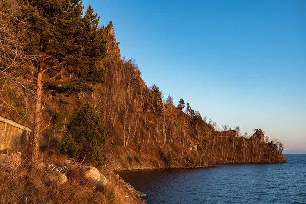 Beautiful Cape Lake Baikal Turned Red Light Setting Sun — Stock Photo, Image