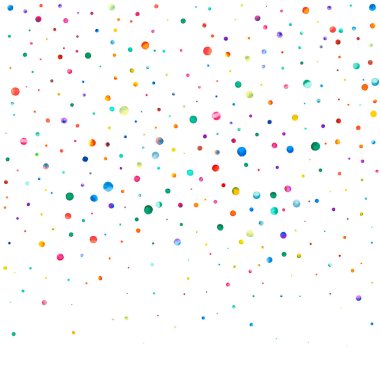 Beyaz arka planda suluboya konfeti. Gerçek gökkuşağı renkli noktalar. Mutlu kare renkli parlak kartlar. Değerli el boyalı konfeti.