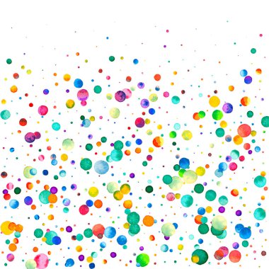 Beyaz arka planda suluboya konfeti. Takdire şayan gökkuşağı renkli noktalar. Mutlu kare renkli parlak kartlar. Orijinal elle boyanmış konfeti.