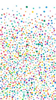 Beyaz arka planda suluboya konfeti. Çekici gökkuşağı renkli noktalar. Mutlu kutlamalar yüksek renkli parlak kart. Egzotik el boyalı konfeti..