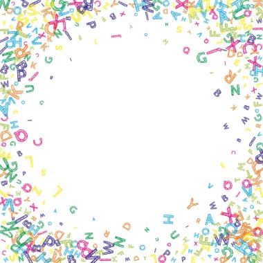 İngilizce 'nin harfleri düşüyor. Latin alfabesinin renkli, dağınık, uçan kelimeleri. Yabancı diller öğrenim kavramı. Beyaz arkaplandaki okul afişine geri gönderilemez.