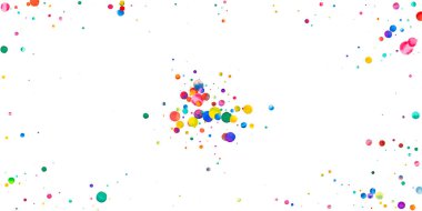 Beyaz arka planda suluboya konfeti. Sevimli gökkuşağı renkli noktalar. Rengarenk parlak kartın kutlu olsun. Büyüleyici el yapımı konfeti..