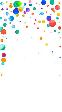 Beyaz arka planda suluboya konfeti. Canlı gökkuşağı renkli noktalar. Mutlu kutlamalar yüksek renkli parlak kart. Görkemli el boyaması konfeti..