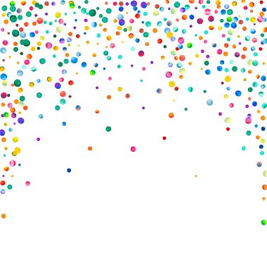 Beyaz arka planda suluboya konfeti. Gerçek gökkuşağı renkli noktalar. Mutlu kare renkli parlak kartlar. Büyüleyici el boyaması konfeti.