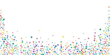 Beyaz arka planda suluboya konfeti. Sevimli gökkuşağı renkli noktalar. Rengarenk parlak kartın kutlu olsun. Güzel el boyaması konfeti..