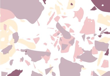 Terrazzo modern soyut şablon. Klasik İtalyan döşemesinin pembe ve turuncu dokusu. Taşlardan, granitten, kuvarstan, mermerden, betondan yapılmış arka plan. Venedik terrazzo trend vektör arkaplanı