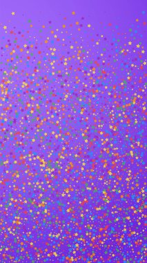 Gerçek şenlikli konfeti. Kutlama yıldızları. Gökkuşağı parlak yıldızları menekşe arka planda. Büyük şablon şablonu. Dikey vektör arkaplanı.