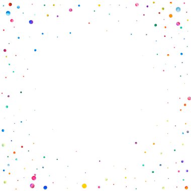 Beyaz arka planda suluboya konfeti. Sevimli gökkuşağı renkli noktalar. Mutlu kare renkli parlak kartlar. Taze boyanmış konfeti..