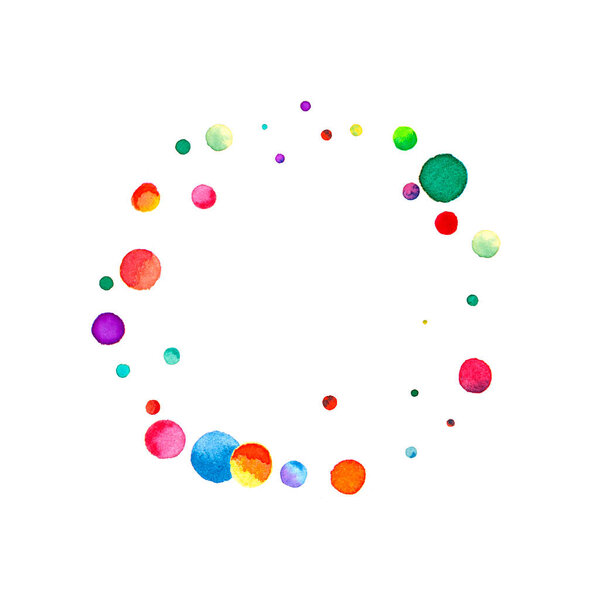 Watercolor confetti on white background. Admirable rainbow colored dots. Happy celebration square colorful bright card. Grand hand painted confetti.