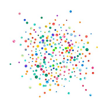 Beyaz arka planda suluboya konfeti. Gerçek gökkuşağı renkli noktalar. Mutlu kare renkli parlak kartlar. Büyük el konfeti boyadı.