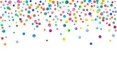 Beyaz arka planda suluboya konfeti. Sevimli gökkuşağı renkli noktalar. Rengarenk parlak kartın kutlu olsun. Benzersiz el boyaması konfeti..