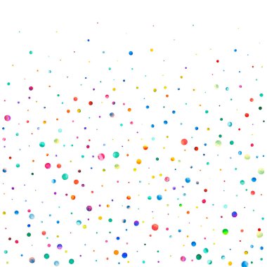 Beyaz arka planda suluboya konfeti. Gerçek gökkuşağı renkli noktalar. Mutlu kare renkli parlak kartlar. Müthiş bir el boyaması konfeti..