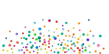 Beyaz arka planda suluboya konfeti. Canlı gökkuşağı renkli noktalar. Rengarenk parlak kartın kutlu olsun. Coşkulu elle boyanmış konfeti..