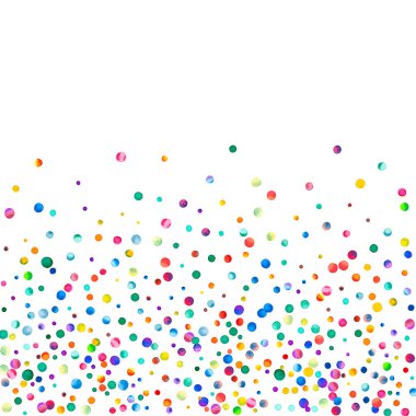 Beyaz arka planda suluboya konfeti. Takdire şayan gökkuşağı renkli noktalar. Mutlu kare renkli parlak kartlar. Modern el boyalı konfeti..