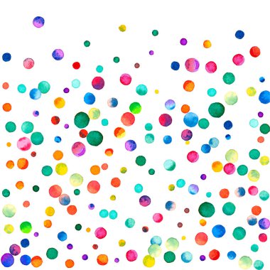 Beyaz arka planda suluboya konfeti. Takdire şayan gökkuşağı renkli noktalar. Mutlu kare renkli parlak kartlar. Olağanüstü el boyaması konfeti..