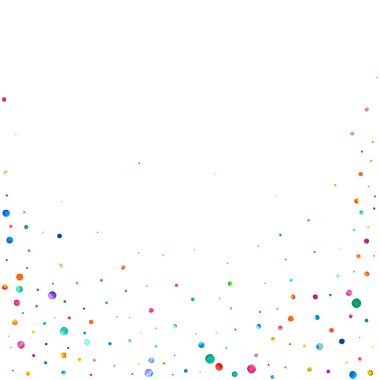 Beyaz arka planda suluboya konfeti. Gerçek gökkuşağı renkli noktalar. Mutlu kare renkli parlak kartlar. Parlak elle boyanmış konfeti..