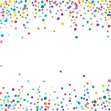 Beyaz arka planda suluboya konfeti. Gerçek gökkuşağı renkli noktalar. Mutlu kare renkli parlak kartlar. Yaratıcı el boyaması konfeti.