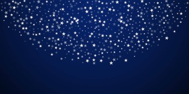 Yılbaşı arka planında rastgele düşen yıldızlar. İnce uçan kar taneleri ve koyu mavi gece arka planındaki yıldızlar. Güzel kış gümüşü kar taneleri şablonu örtüyor. Manyetik vektör çizimi.