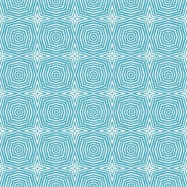 Geometrik dikişsiz desen. Turkuaz simetrik kaleydoskop arka planı. Tekstil hazır inanılmaz baskı, mayo kumaş, duvar kağıdı, ambalaj. El çizimi geometrik kusursuz tasarım.