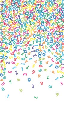Renkli çizim numaraları düşüyor. Uçan parmaklarla matematik çalışma konsepti. Beyaz arka planda okul matematik afişi. Düşen sayılar vektör illüstrasyonu.
