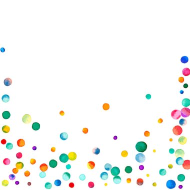 Beyaz arka planda suluboya konfeti. Gerçek gökkuşağı renkli noktalar. Mutlu kare renkli parlak kartlar. Güzel el boyaması konfeti..