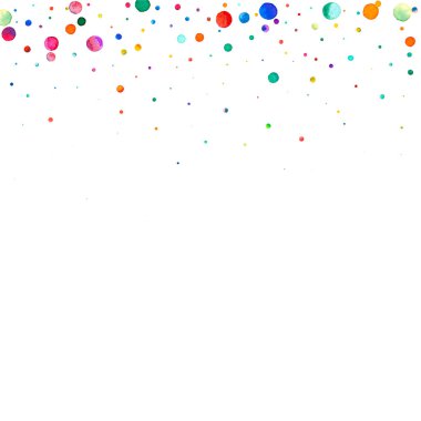 Beyaz arka planda suluboya konfeti. Takdire şayan gökkuşağı renkli noktalar. Mutlu kare renkli parlak kartlar. Güzel el boyalı konfeti..