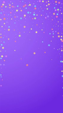 Şenlikli büyük konfeti. Kutlama yıldızları. Menekşe arkaplanda rastgele seçilmiş renkli yıldızlar. Büyüleyici şablon şablonu. Dikey vektör arkaplanı.