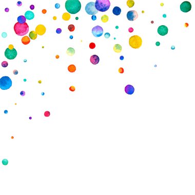 Beyaz arka planda suluboya konfeti. Gerçek gökkuşağı renkli noktalar. Mutlu kare renkli parlak kartlar. Nazikçe boyanmış konfeti..