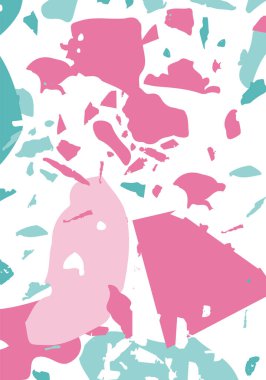 Terrazzo modern soyut şablon. Klasik İtalyan döşemesinin pembe ve mavi dokusu. Taşlardan, granitten, kuvarstan, mermerden, betondan yapılmış arka plan. Venedik terrazzo trend vektör arkaplanı